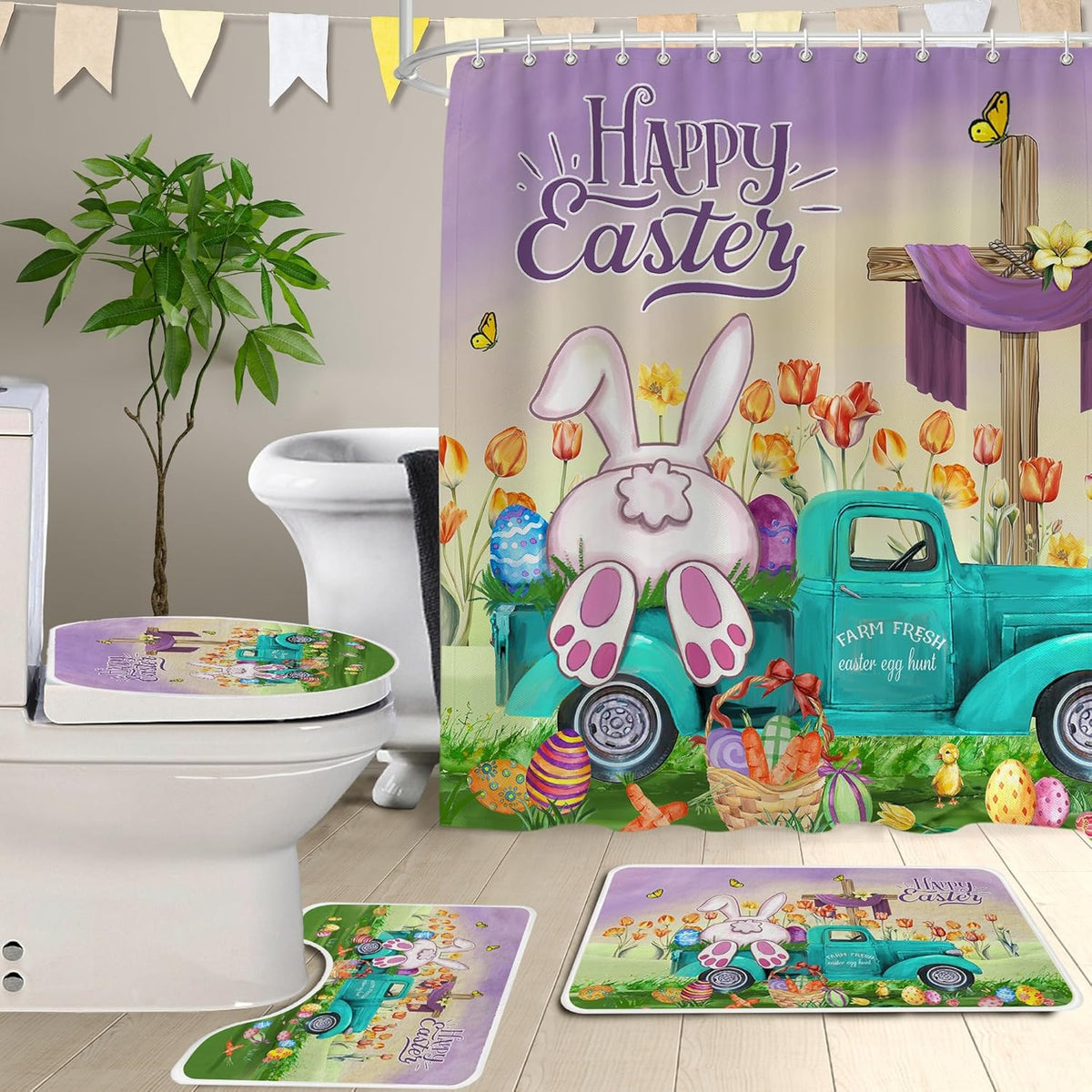 Cochpriet Easter Bunny shower curtain set front view featuring violet watercolor rabbit and tulip pattern.