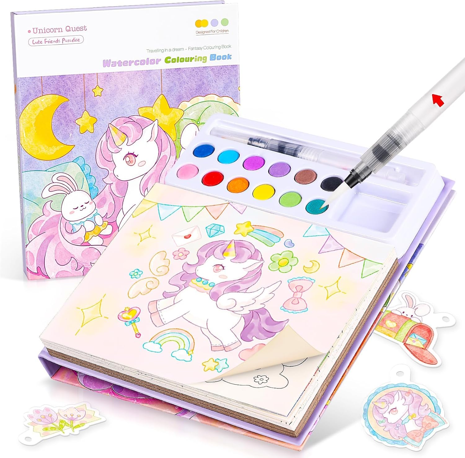 Accevo unicorn themed paint with water book front view