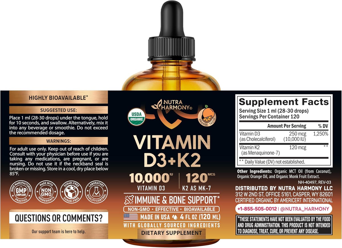 Nutraharmony liquid supplement dropper and label details