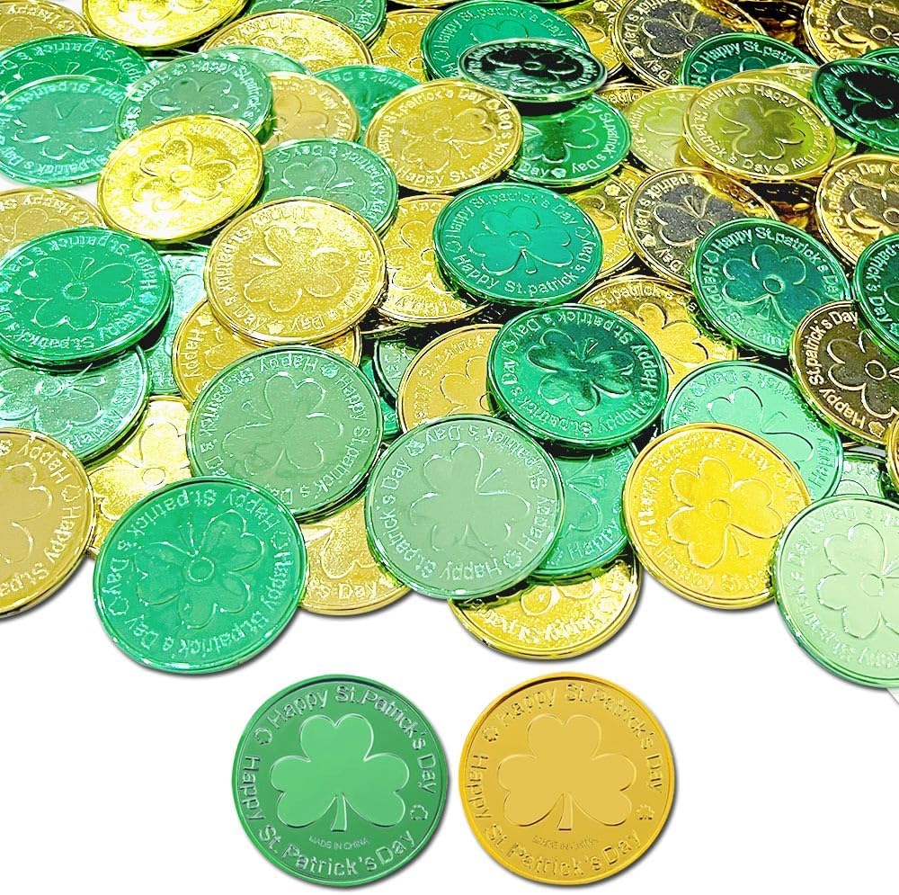 Augsun St Patricks Day Shamrock Coins front view showcasing the embossed three leaf clover design on metallic surface.