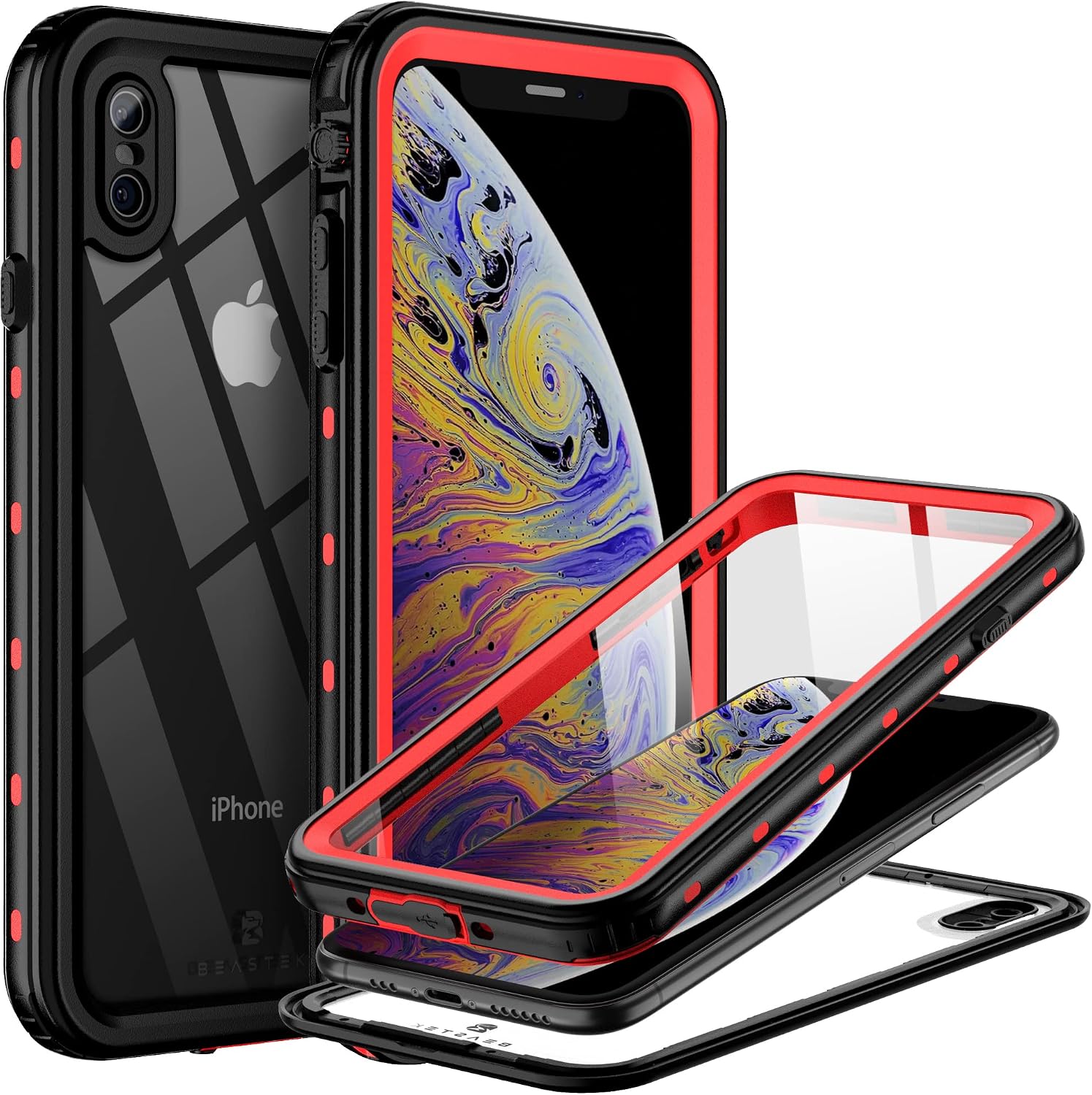 Beastek waterproof case for iPhone Xs front view red