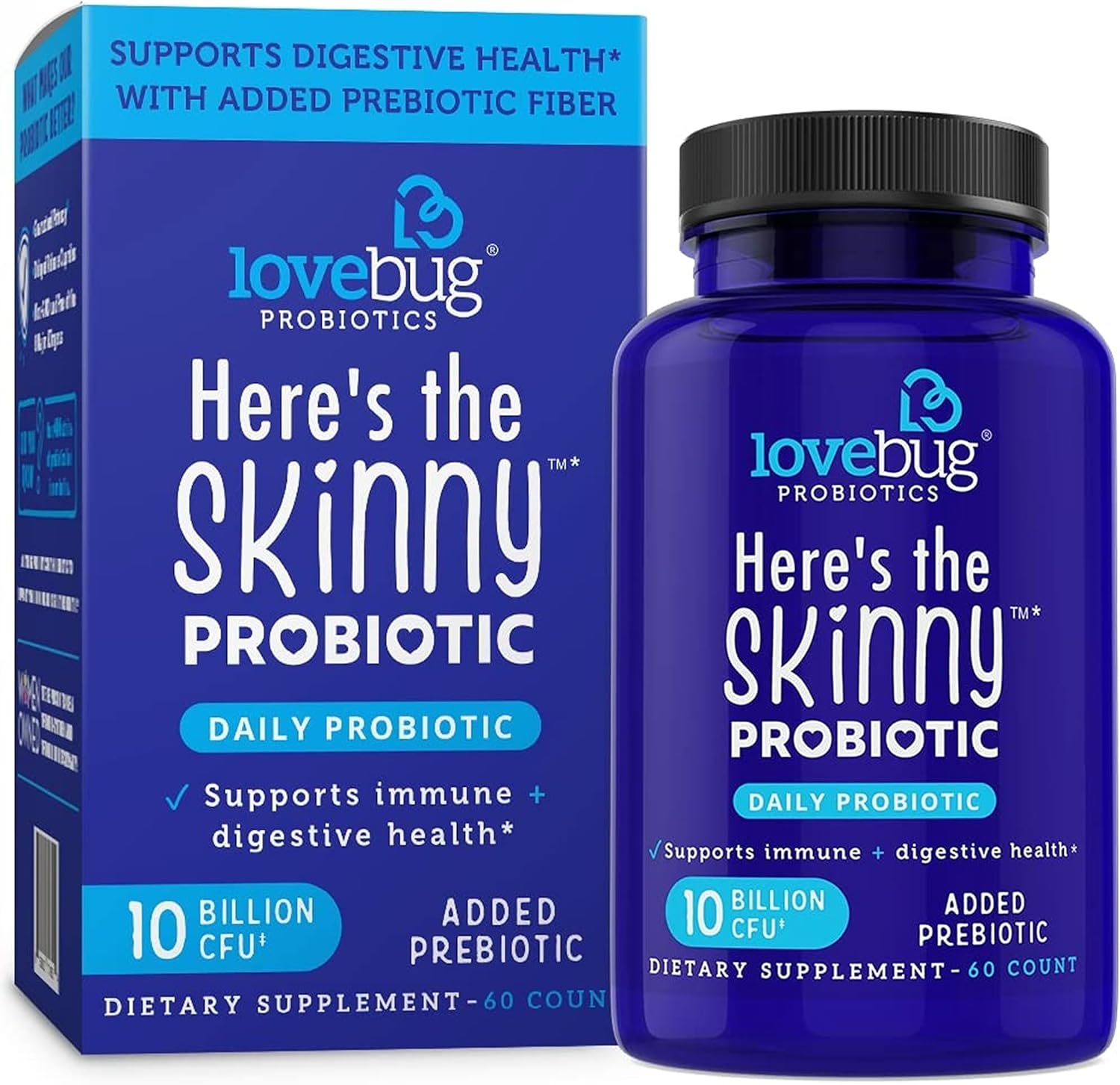 LoveBug Here's The Skinny probiotic supplement front bottle view for digestive health.