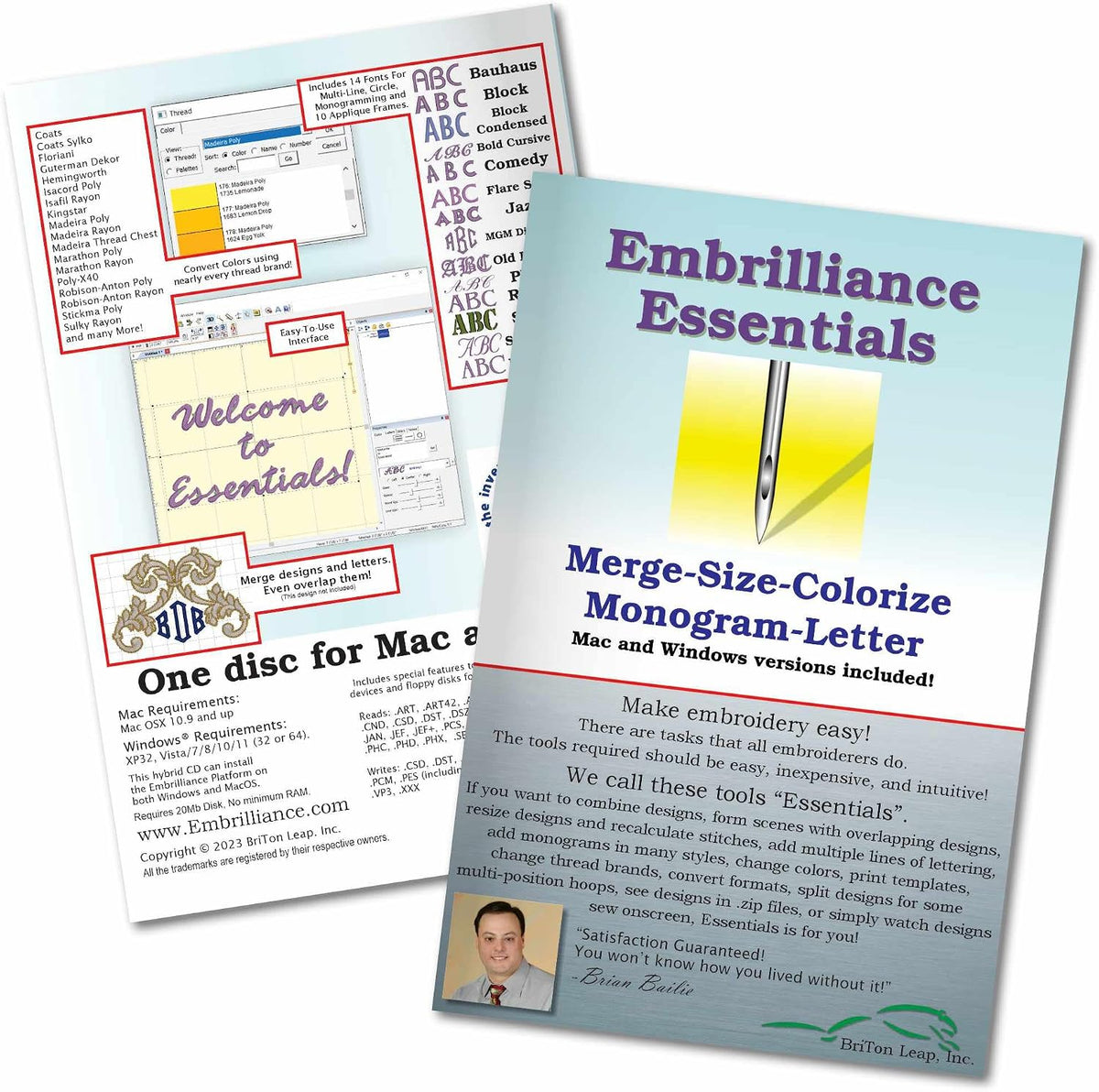 Embrilliance Essentials embroidery software front view application interface
