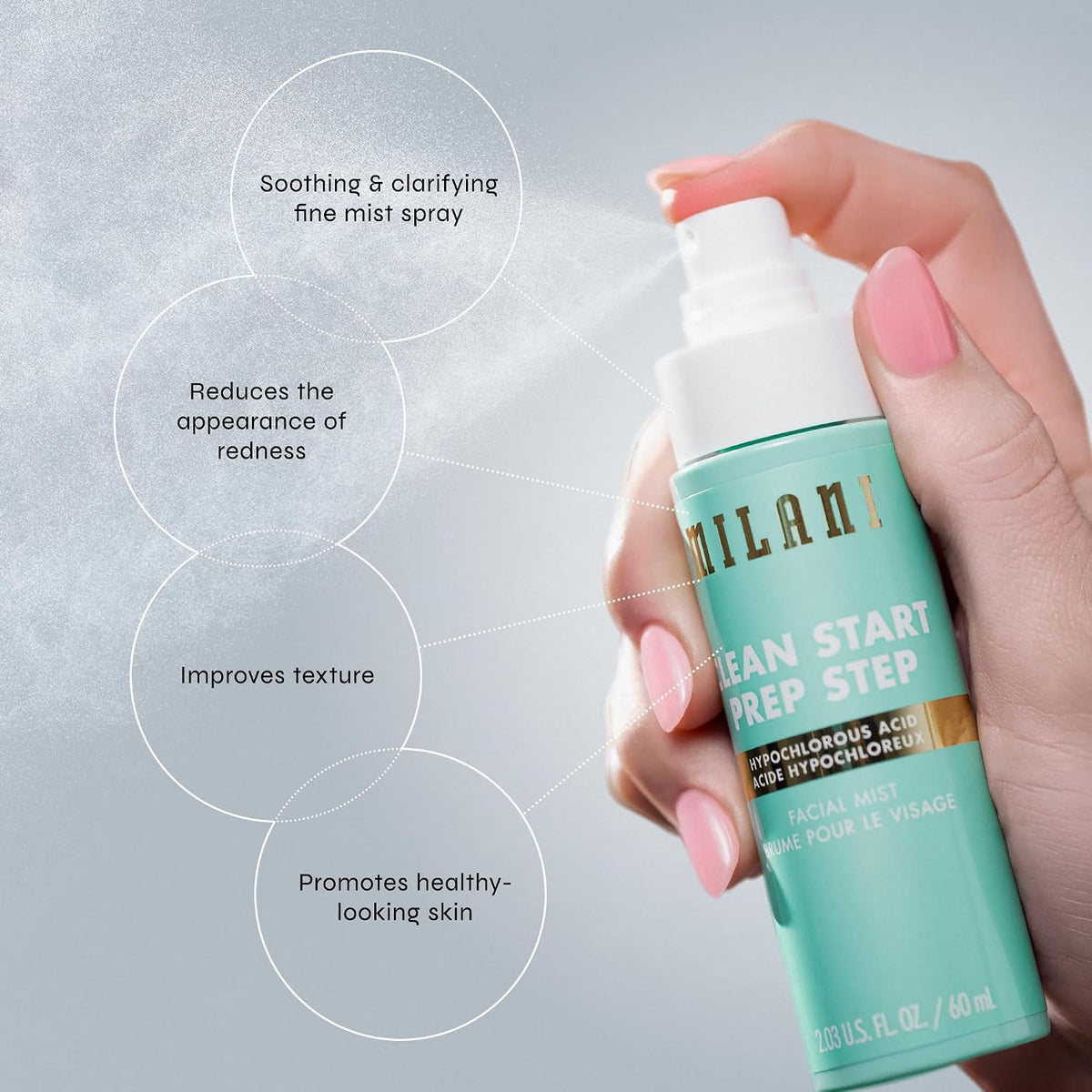 Lifestyle application of Milani Clean Start Prep Step mist