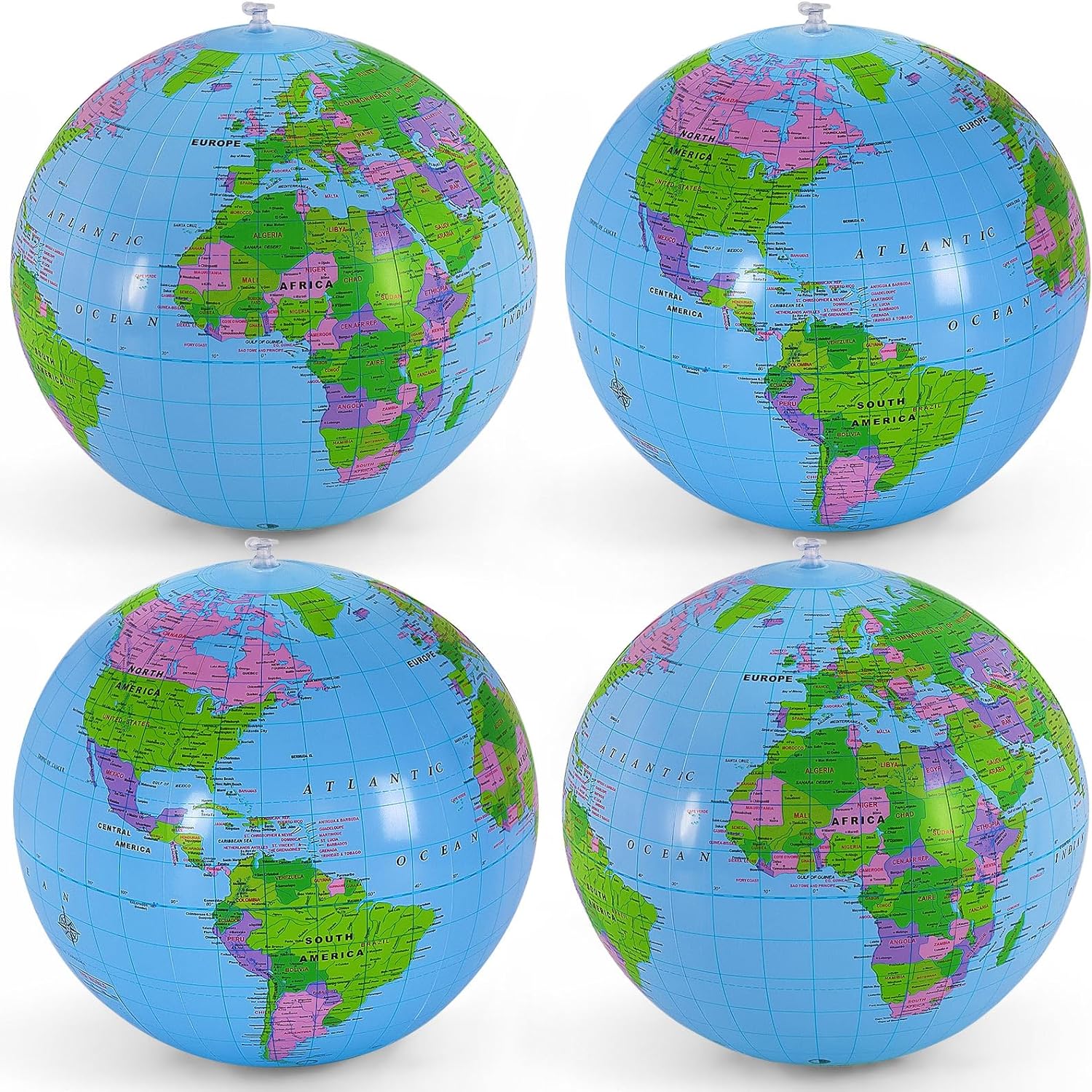 YOTHORN inflatable world globe beach ball front view showing printed blue oceans and continents.