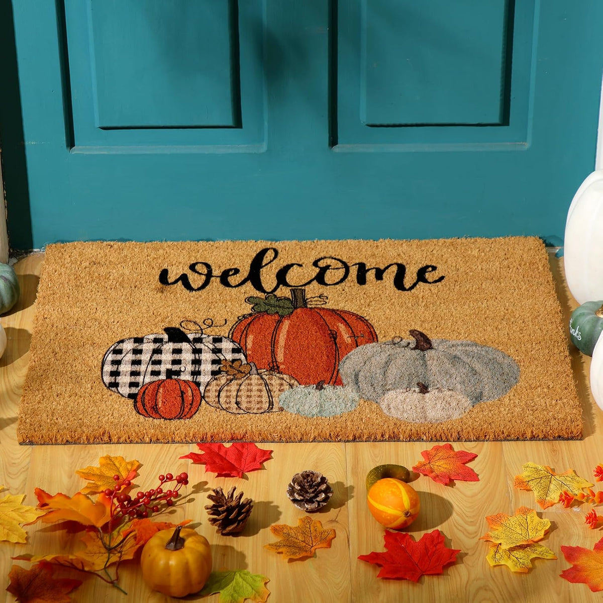 Ceenna fall pumpkin coir doormat front view entrance decor