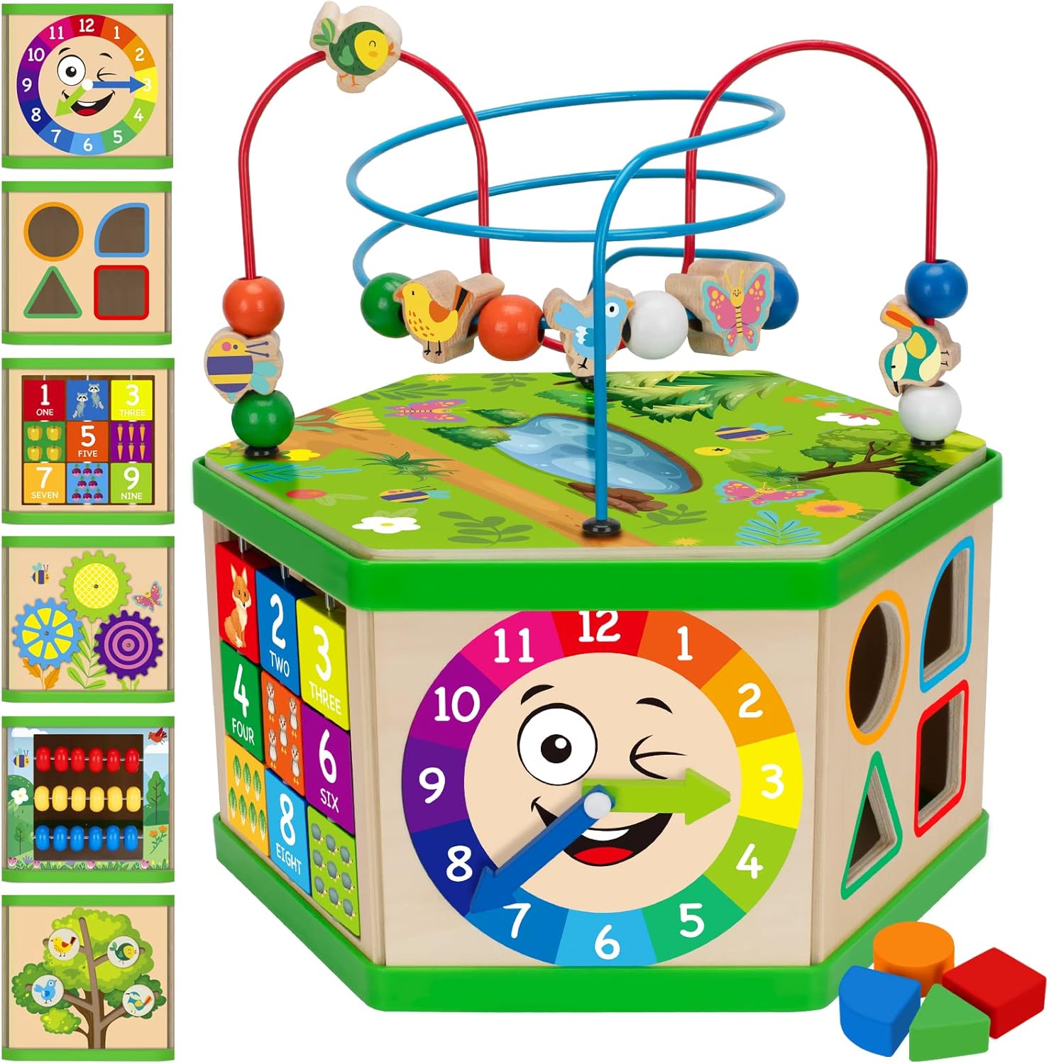 Duchong wooden activity cube front view showing the green base and colorful geometric shape sorter slots.
