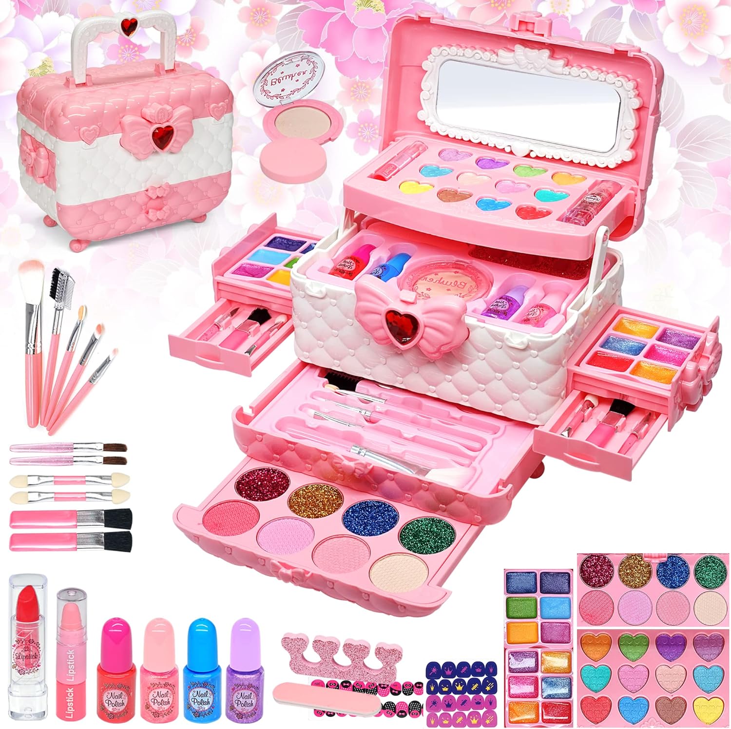Mrabbitoo kids makeup toy kit for girls front view showing open pink suitcase with mirror
