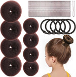 Fandamei kids hair bun maker brown eight count kit front view displaying mesh donuts and hair accessories