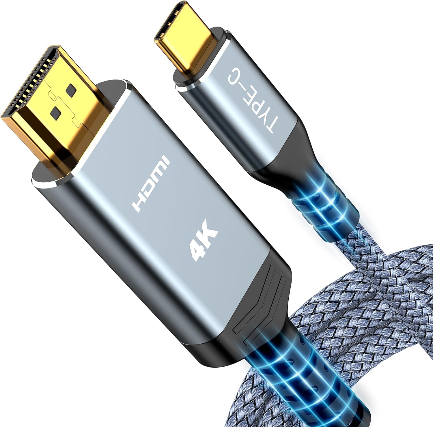 Highwings USB C to HDMI Cable front view showing the gold-plated Type-C connector and durable gray nylon braiding.