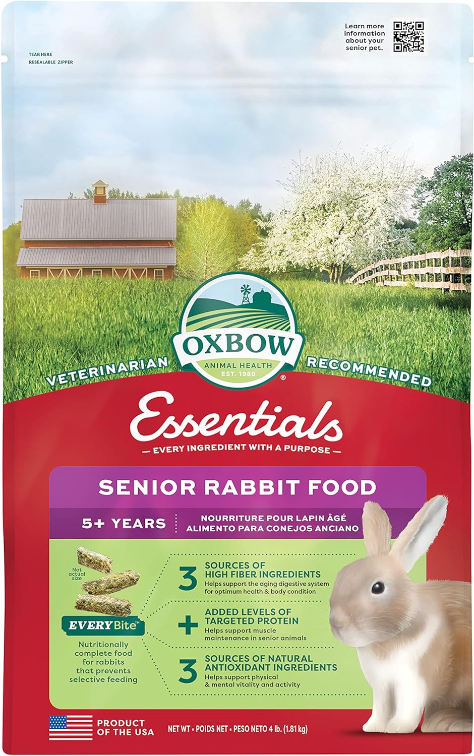 Oxbow Essentials Senior Rabbit Food front view of four pound packaging