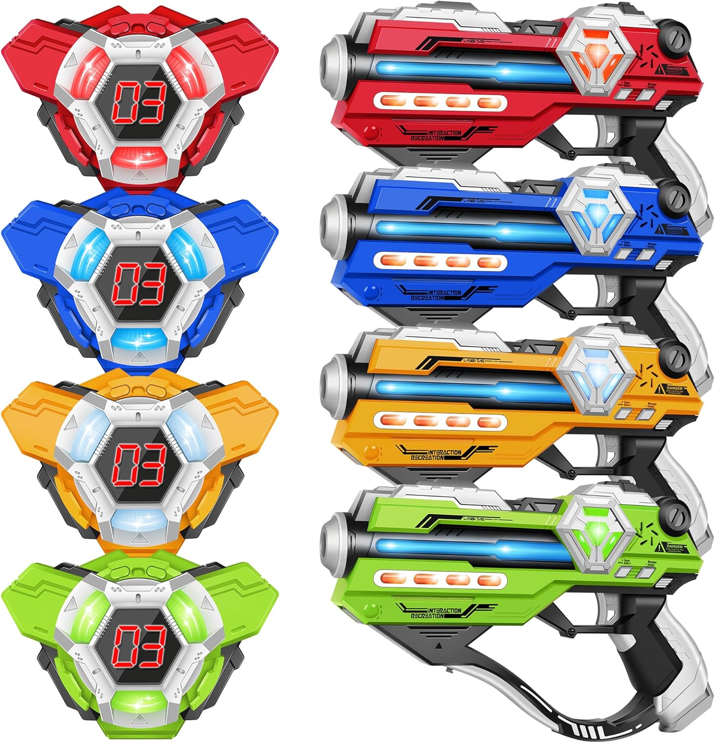 Ivoxex laser tag set of 4 blasters with colorful vests front view