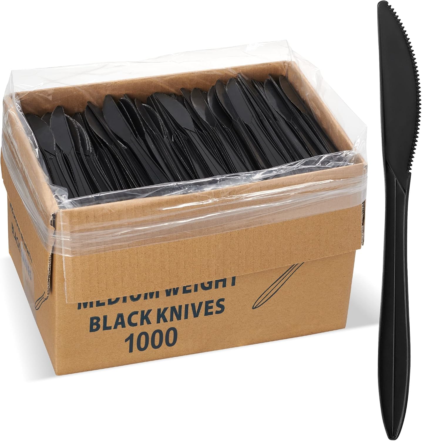 Elegant Disposables plastic knives bulk box front view showing sleek black cutlery arrangement.