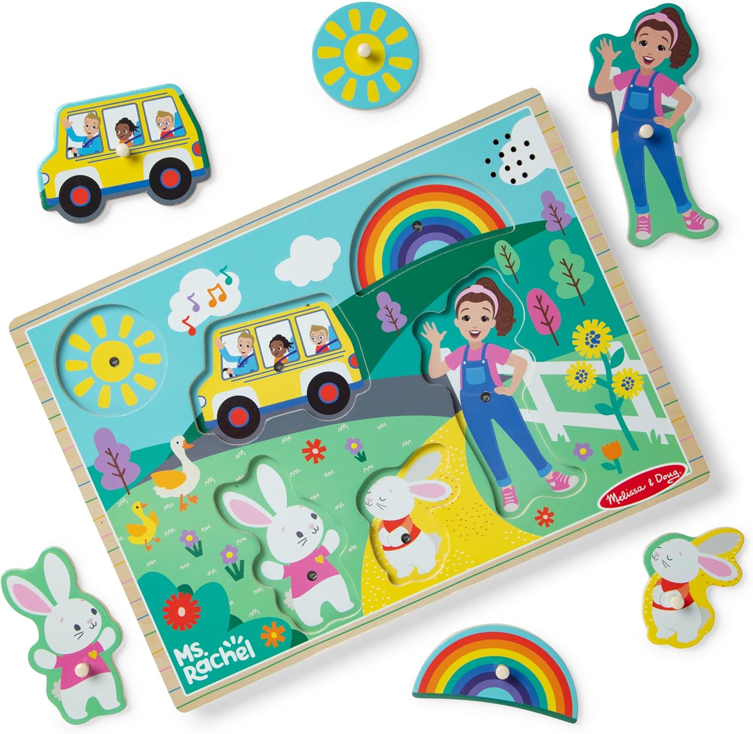 Melissa & Doug Ms. Rachel Wooden Song Peg Puzzle front view showing six interactive musical pieces.