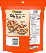 Close up of Reese's dipped pretzels showing peanut butter and chocolate coating