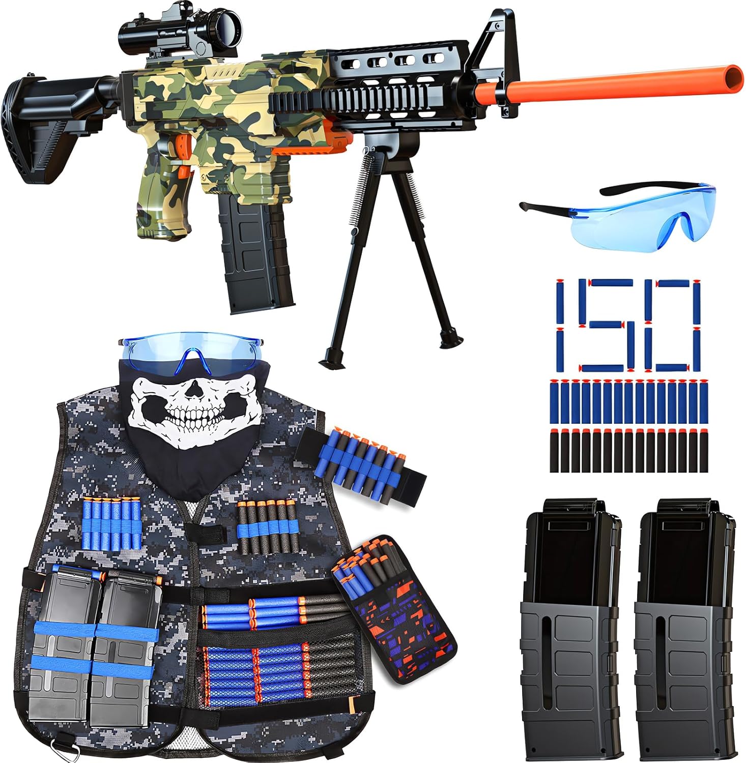 Vioofun Toy Gun Automatic Sniper Rifle front view showing camouflage finish and attached aiming scope.