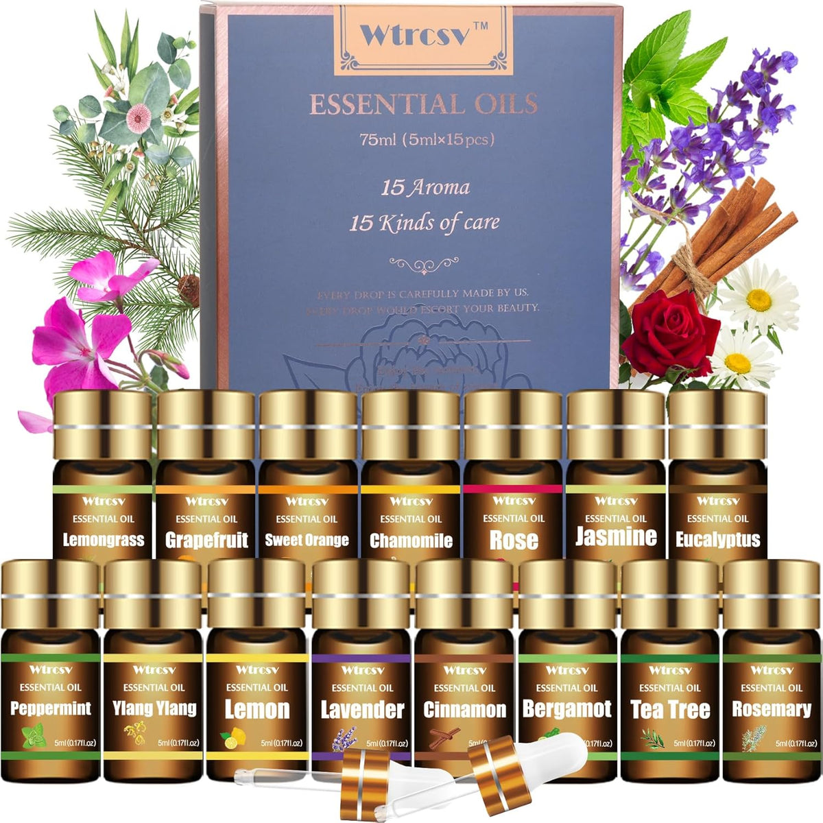 Wtrcsv Essential Oils Set front view of 15 scent collection for aromatherapy
