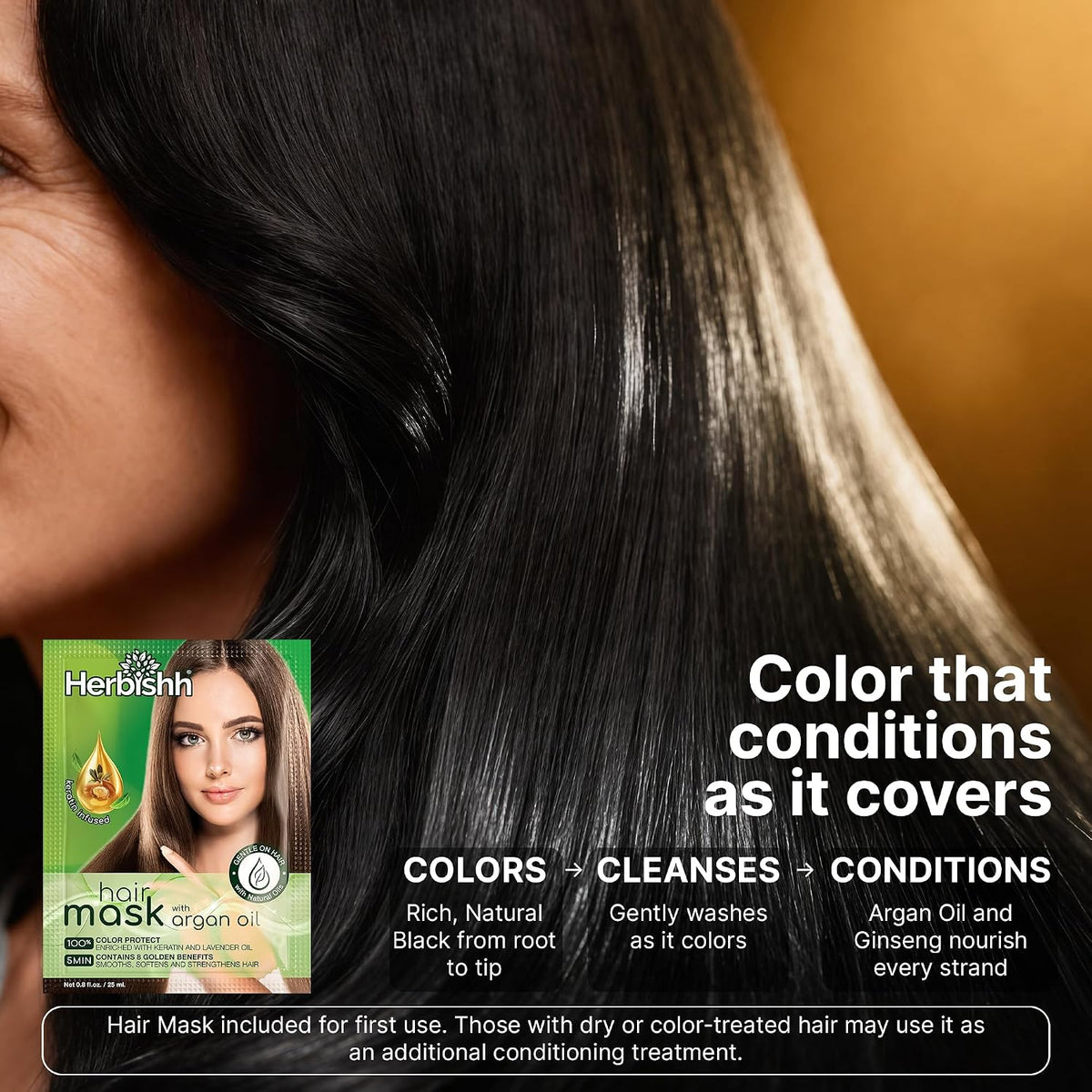Herbishh black hair color shampoo 500ml container side angle