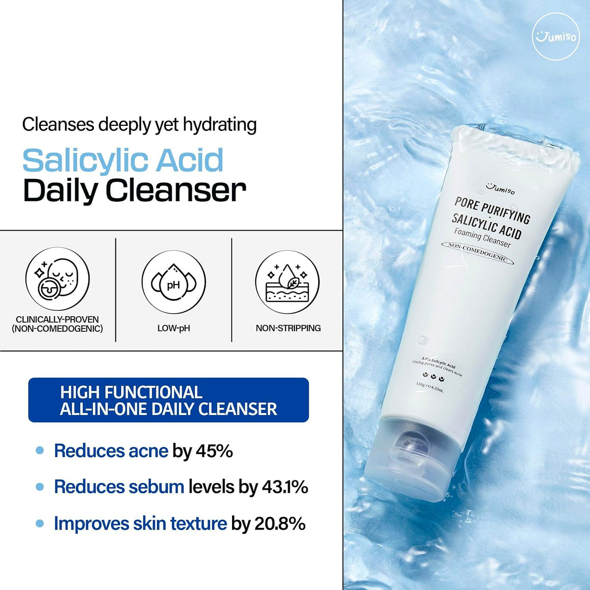 Low pH salicylic acid foaming face wash by JUMISO close up texture view