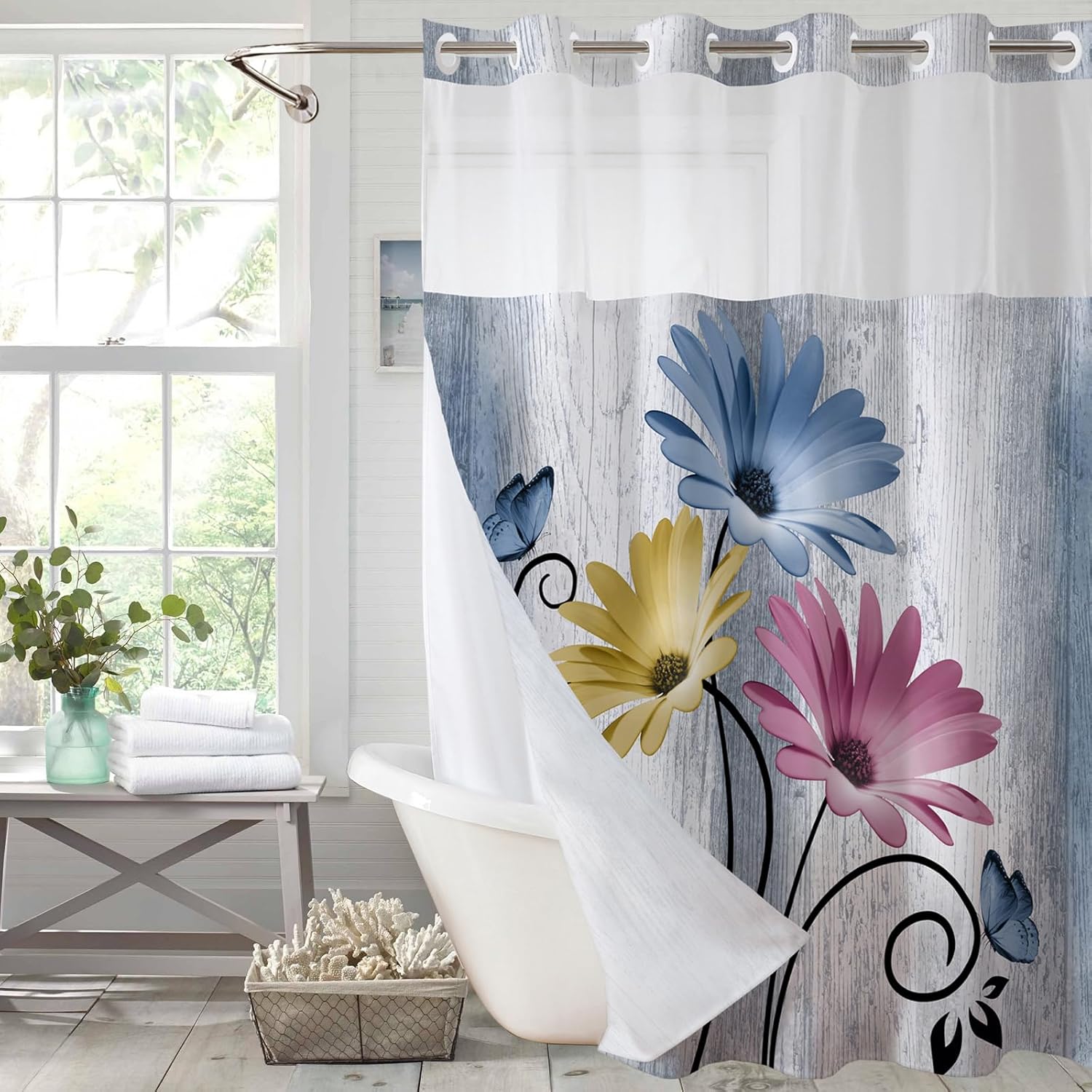 Muuyi hookless shower curtain with snap in liner front view showing blue watercolor floral design for bathroom decor.