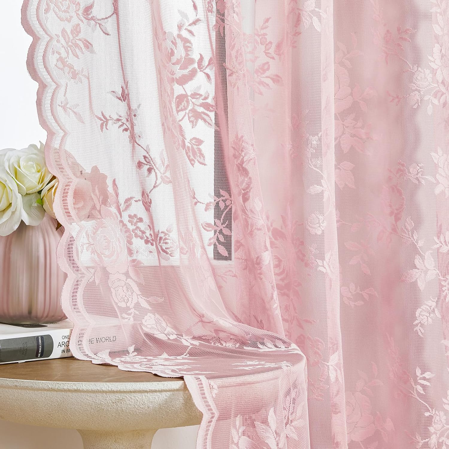 SEEKRIGHT baby pink lace curtains front view showing romantic flower pattern on a small window.