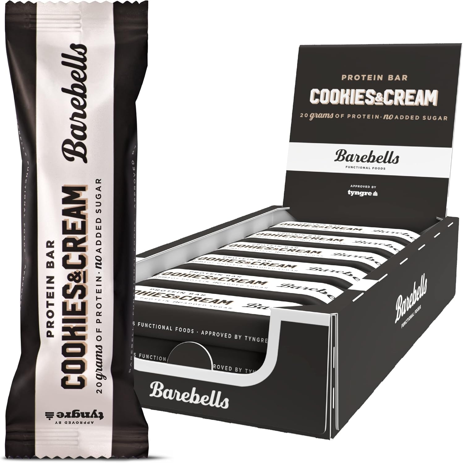 Barebells Cookies and Cream protein bar box front view high protein snack