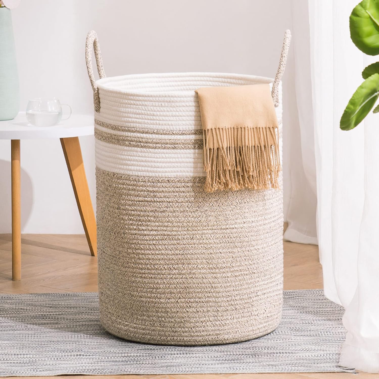 Youdenova 58L brown woven cotton rope laundry hamper front view