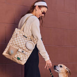 Durable woven polyester dog tote bag with vegan leather accents side view.