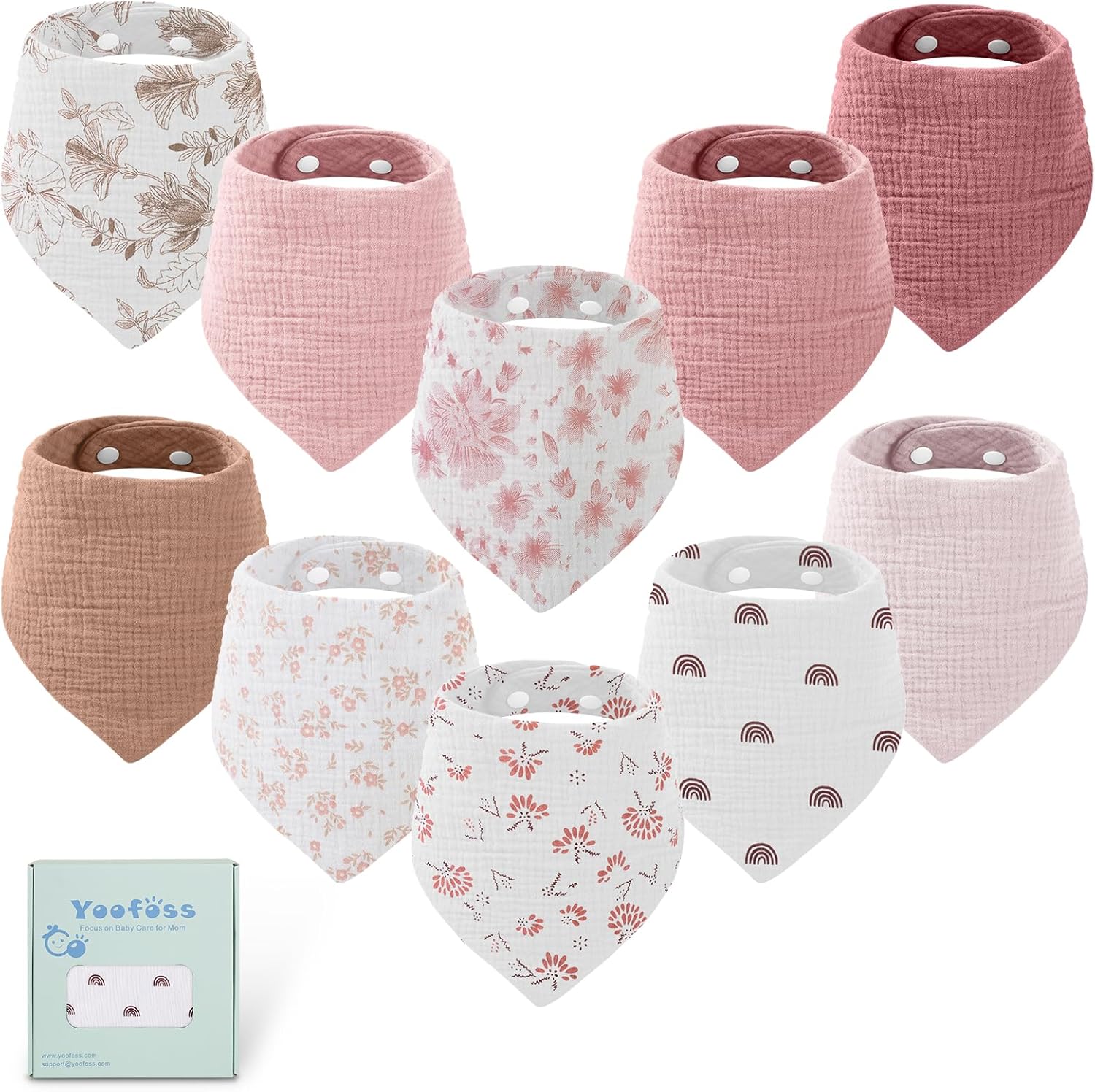 Yoofoss 10 pack muslin baby bibs front view