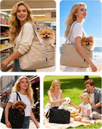 Woman carrying Straodtic black dog purse carrier on shoulder