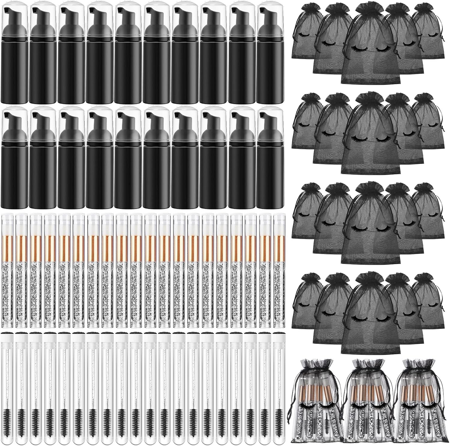 Zhehao 80 Piece Lash Shampoo Bottle Brushes Kit front view displaying 20 black foam pump bottles and cleaning brushes.