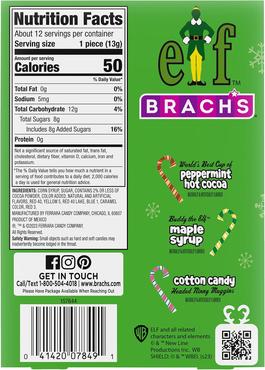 Brach's Elf Holiday Candy Canes assorted movie flavors showing individual wrappers.
