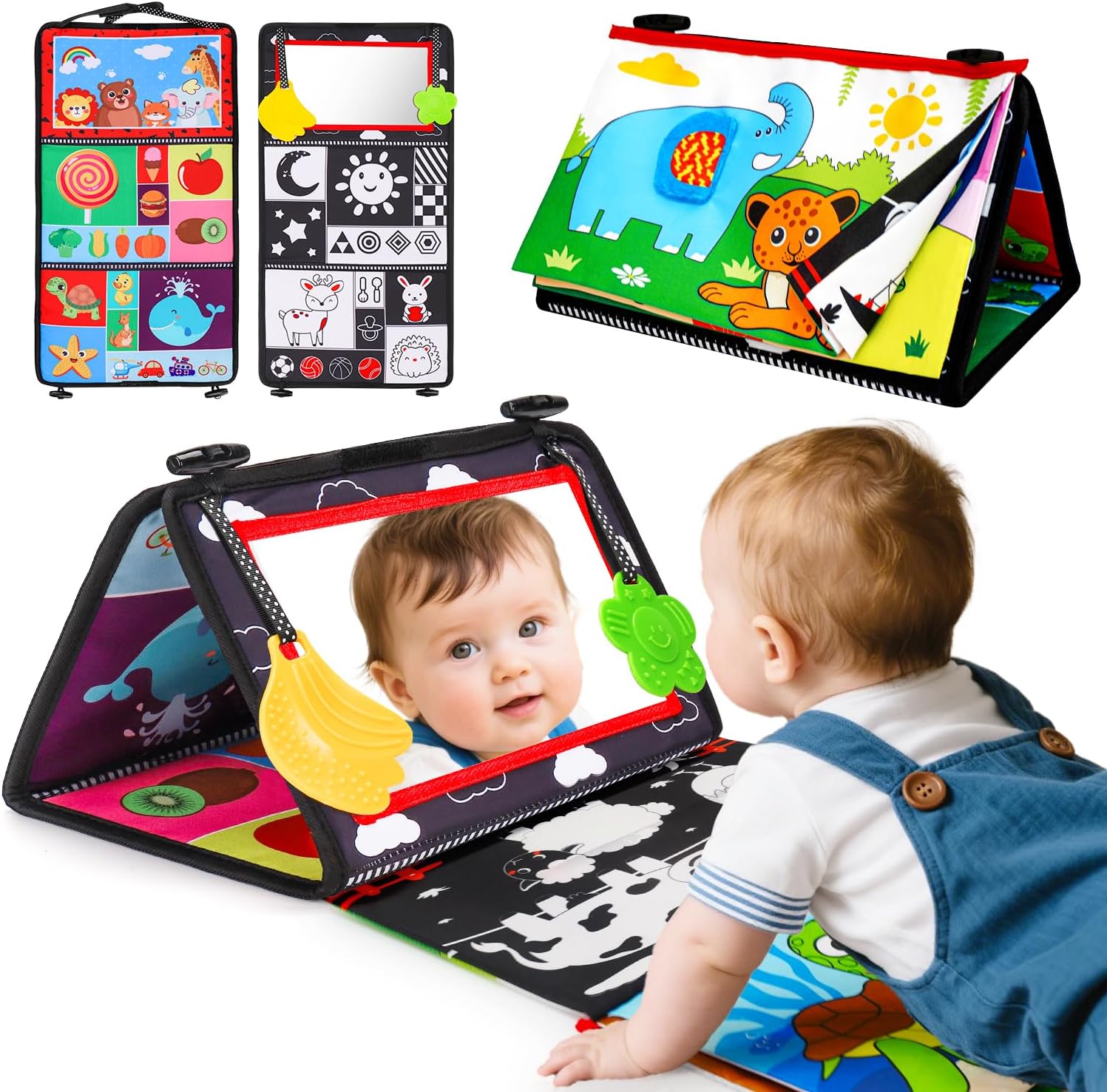Basytodio baby mirror tummy time toy front view showcasing high contrast black and white patterns for newborn visual development