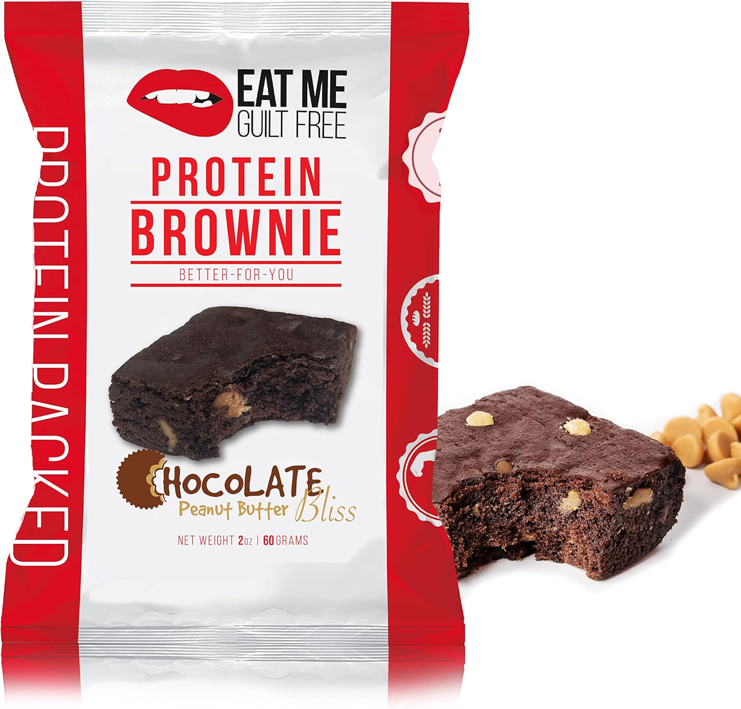 Eat Me Guilt Free Peanut Butter Bliss Brownie front packaging high protein snack.