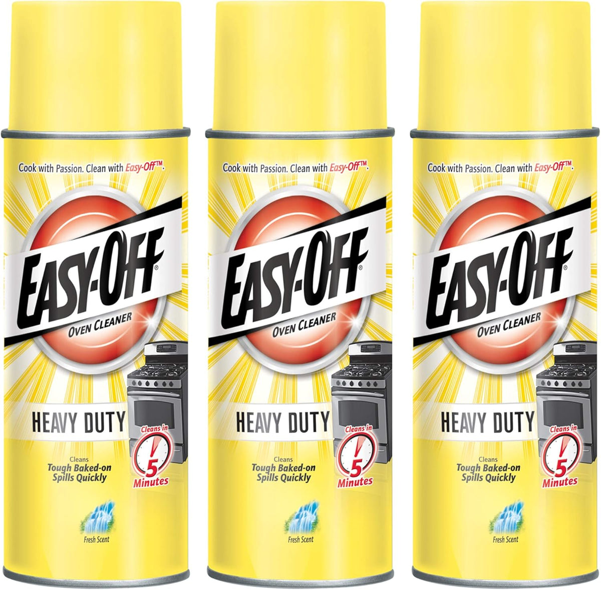 Easy-Off Heavy Duty Oven Cleaner front view three pack aerosol cans for grease removal