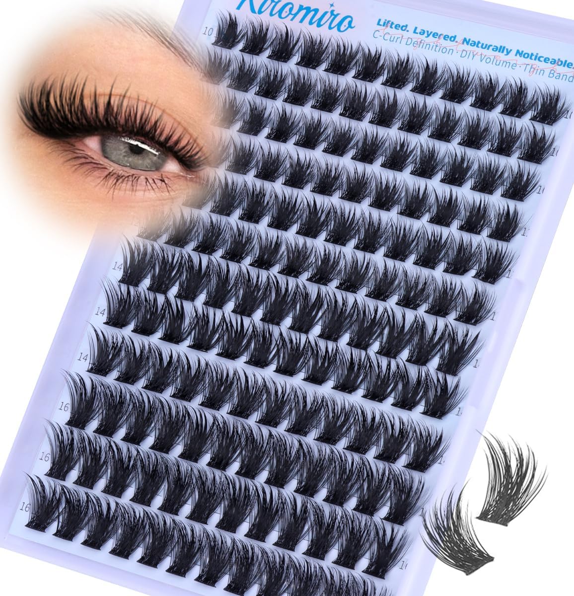 Kiromiro Lash Clusters 10-16mm Cluster Eyelash Extensions Wispy DIY Cluster Lashes Extension 144pcs Individual Lashes Nautral Eyelash Clusters C Curly Lashes Clusters - Image 1