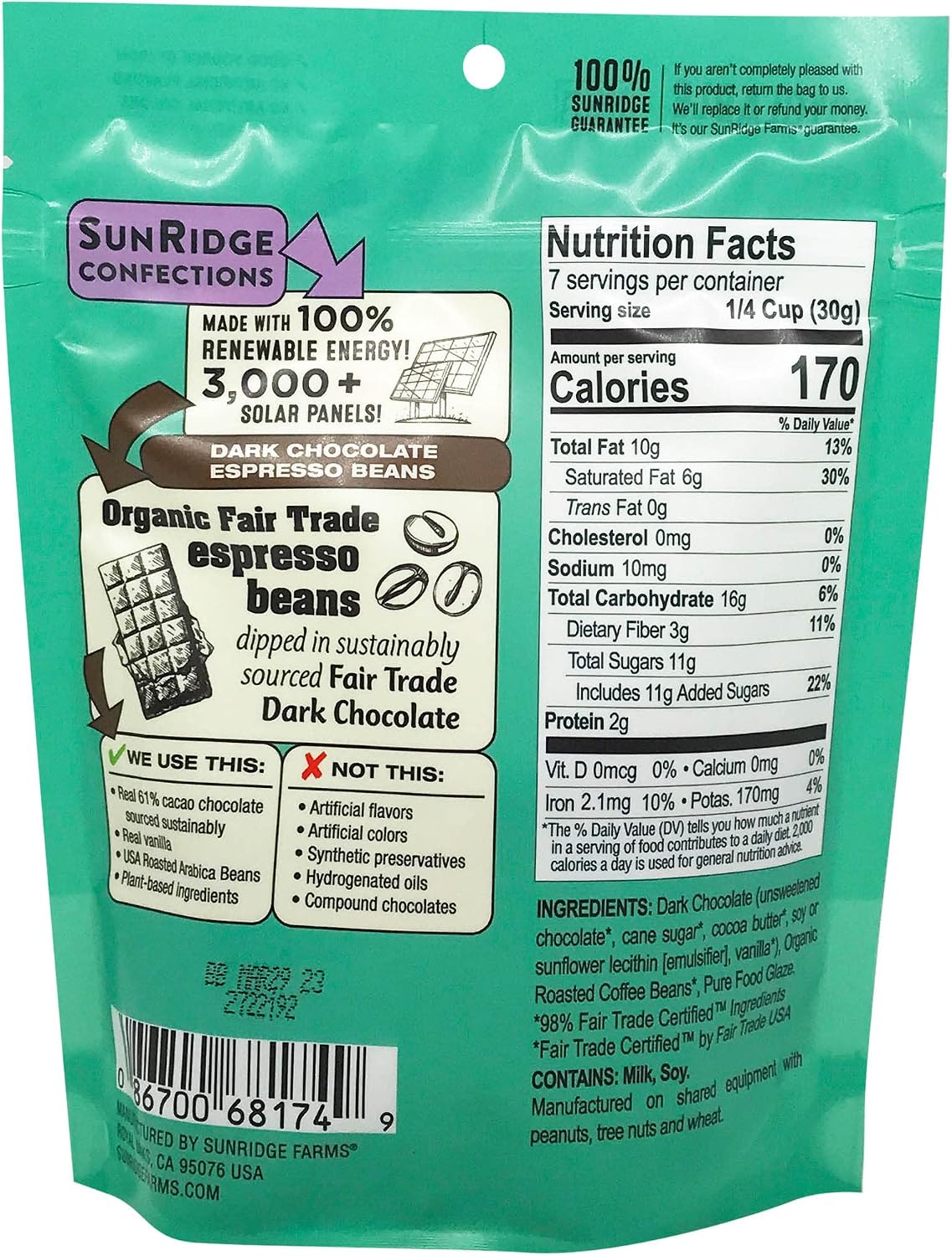 SunRidge Farms Fair Trade certified dark chocolate espresso beans snack bag.