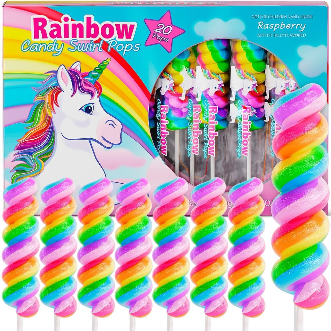 Primary Colors Unicorn Lollipops front view of 20 pack box