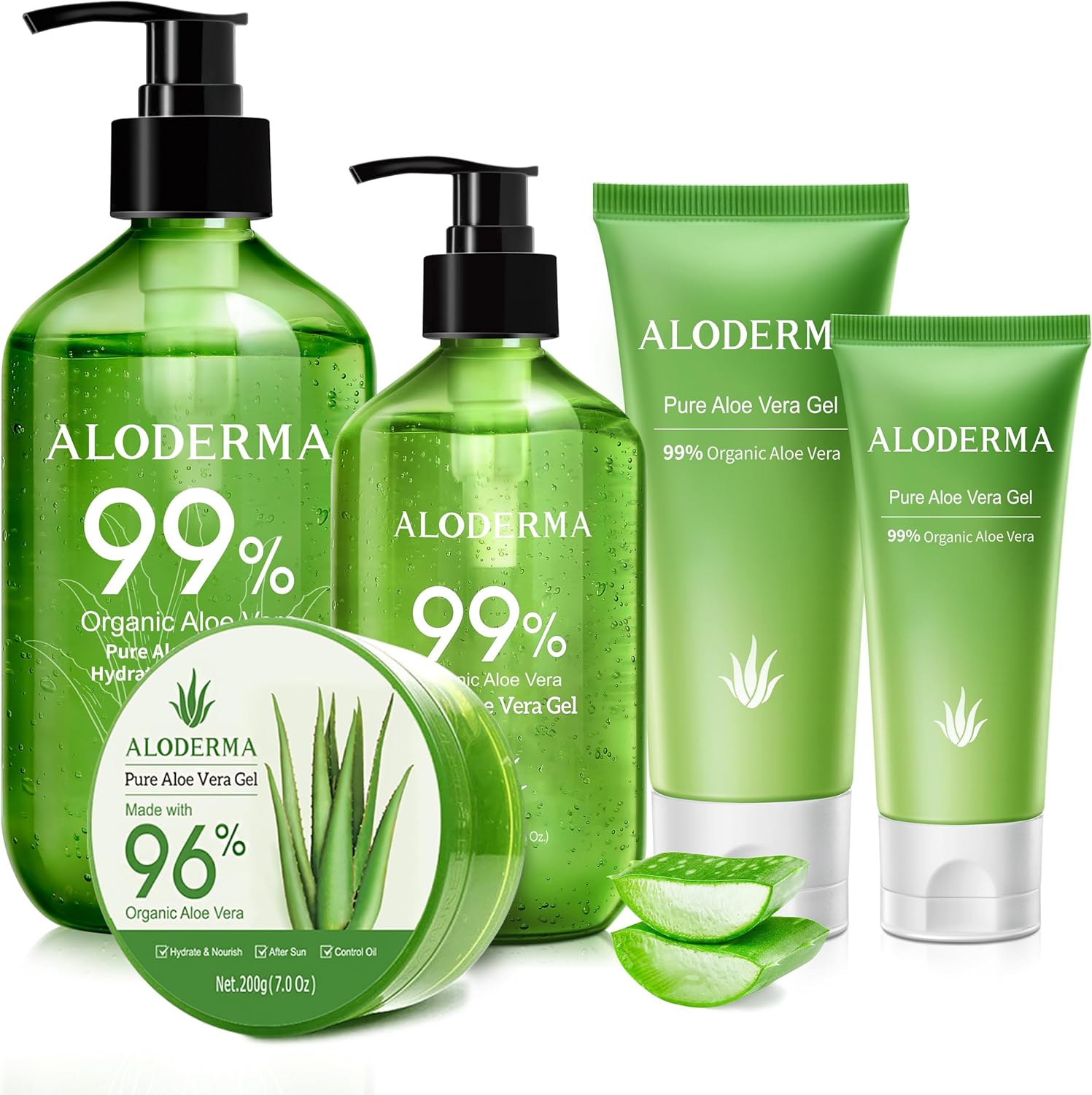 Aloderma Aloe Vera Gel Set five pieces front view showing assorted green packaging for skin hydration