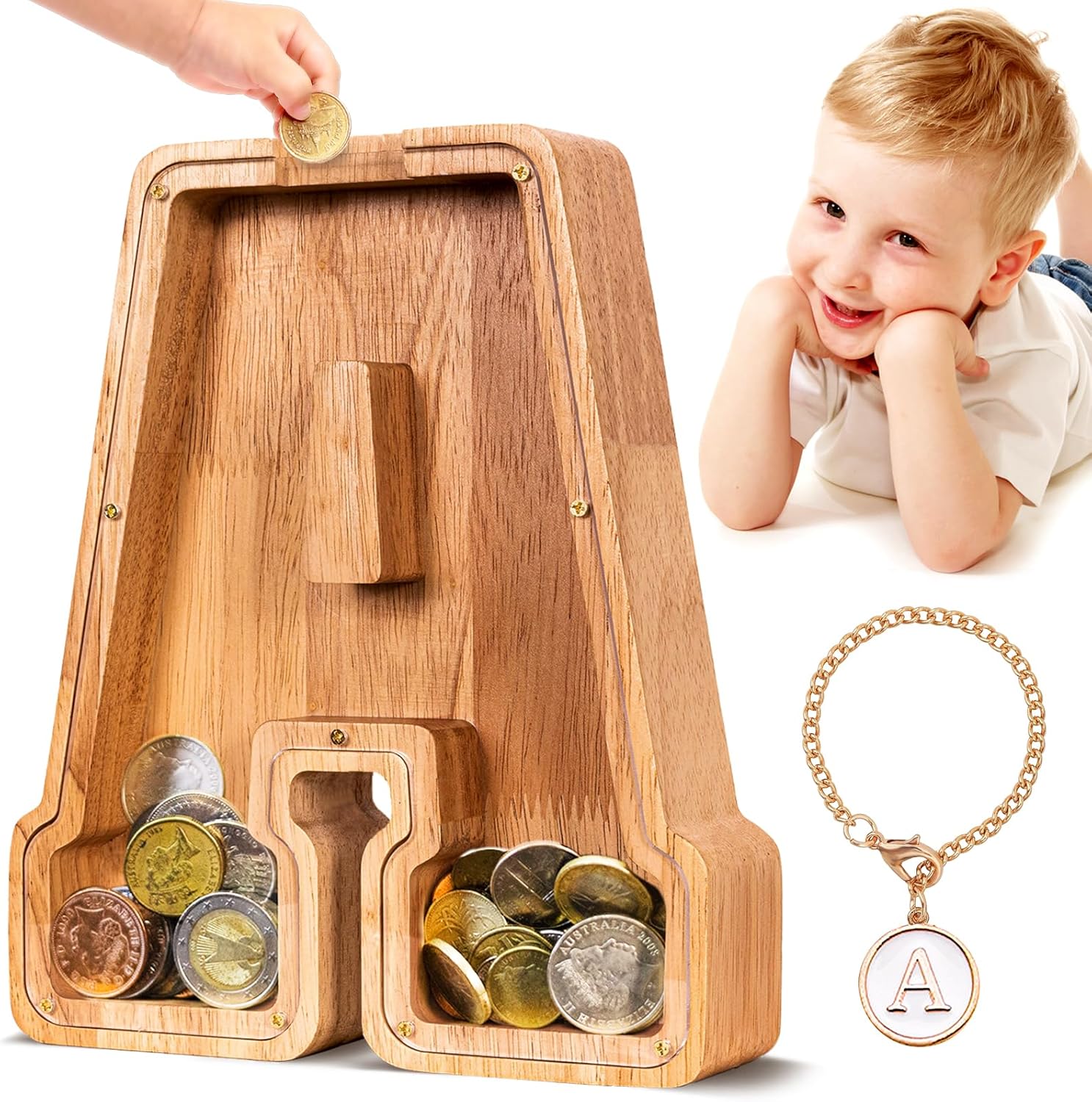 SummiDate wooden letter piggy bank alphabet A shape front view showing clear acrylic panel filled with coins