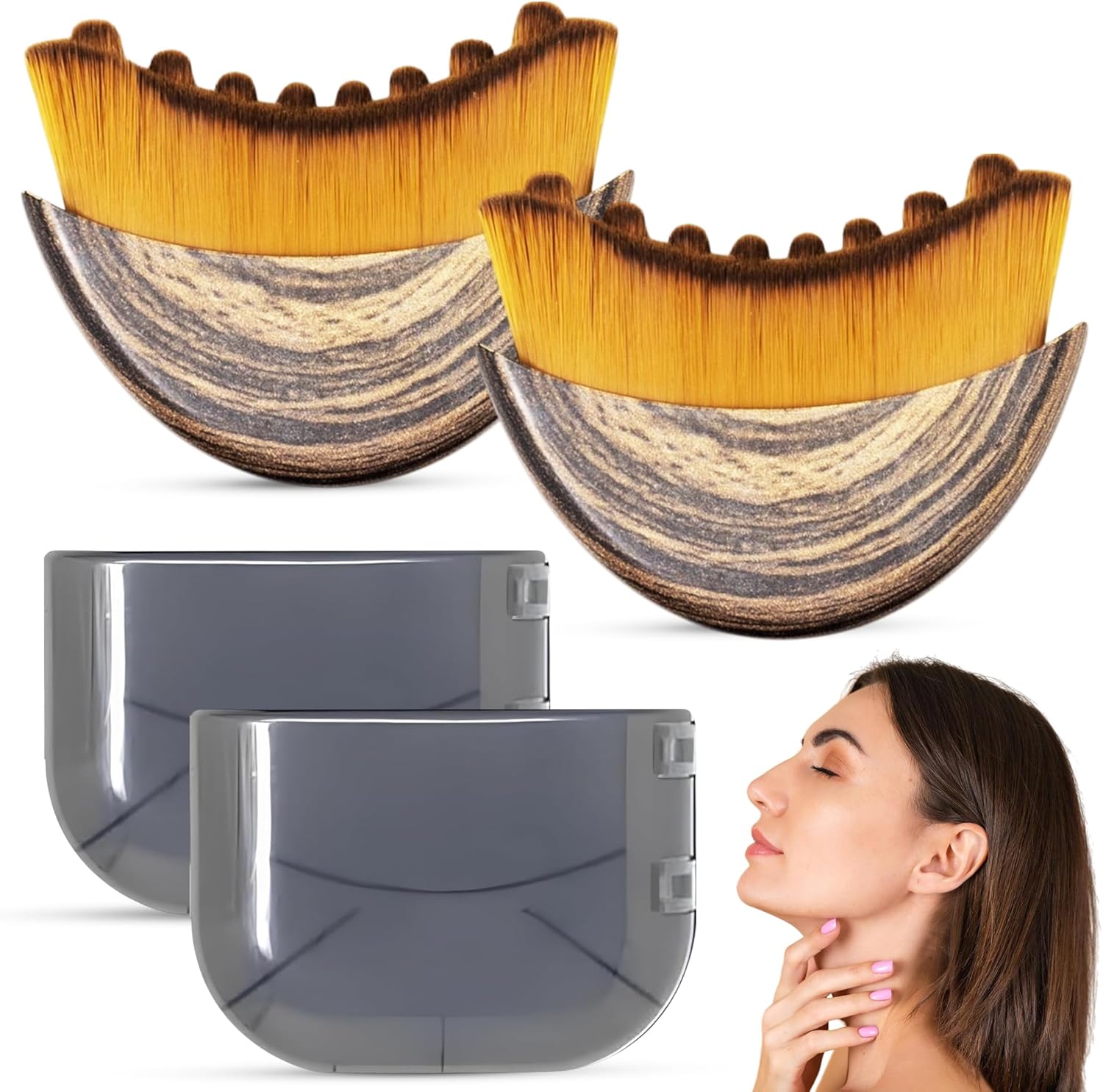 Puur House Lymphatic Contour Face Brush Pack of 2 front view showing ergonomic wood handles for professional facial sculpting.