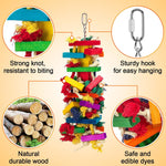 African Grey parrot engaging with the eighteen inch MEWTOGO colorful wooden tearing toy inside its cage