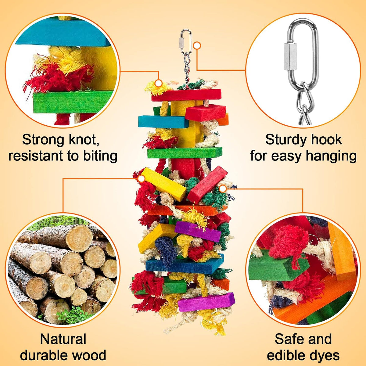 African Grey parrot engaging with the eighteen inch MEWTOGO colorful wooden tearing toy inside its cage