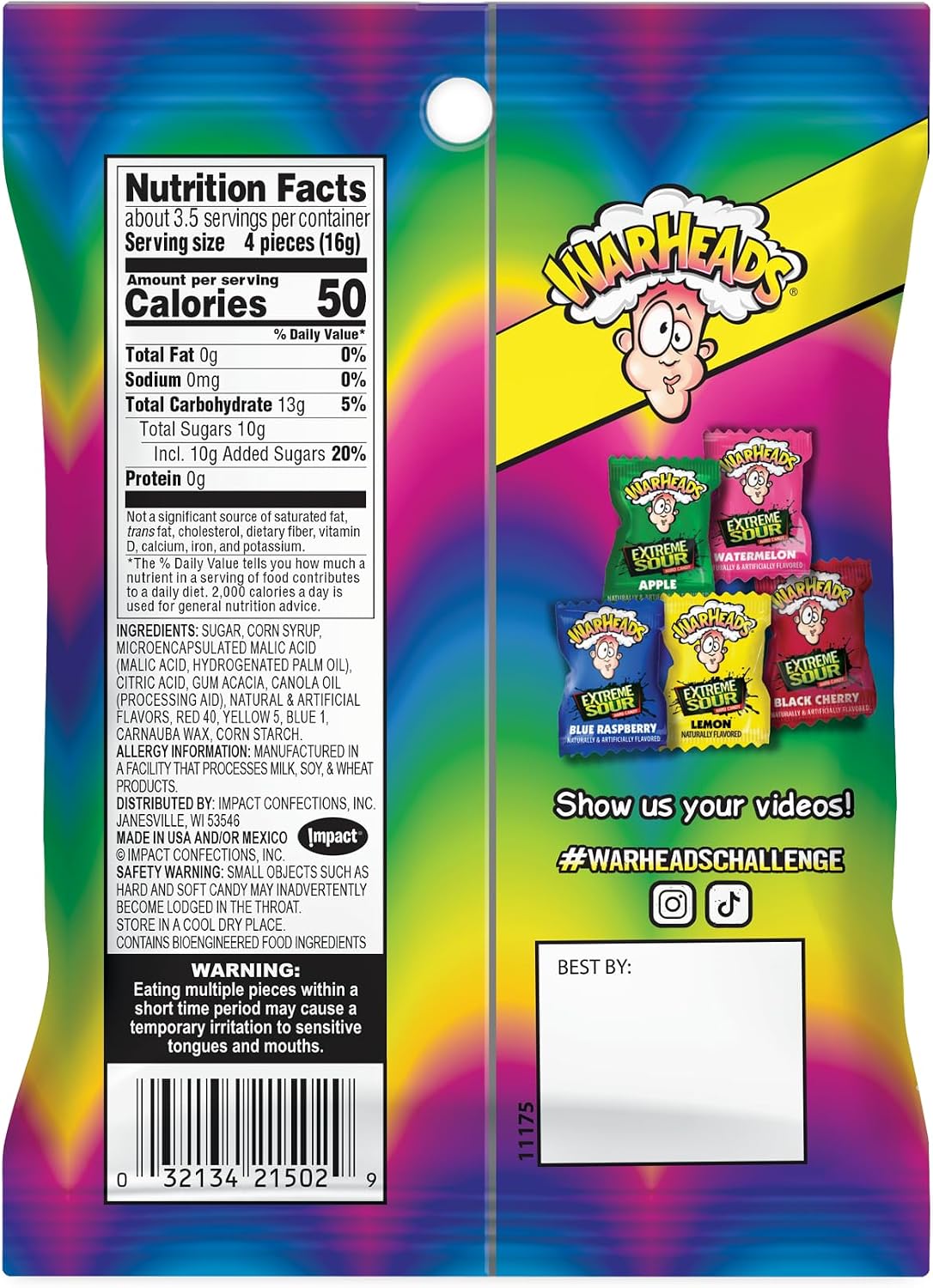 Warheads sour candy 56g packaging highlighting the 90s throwback design