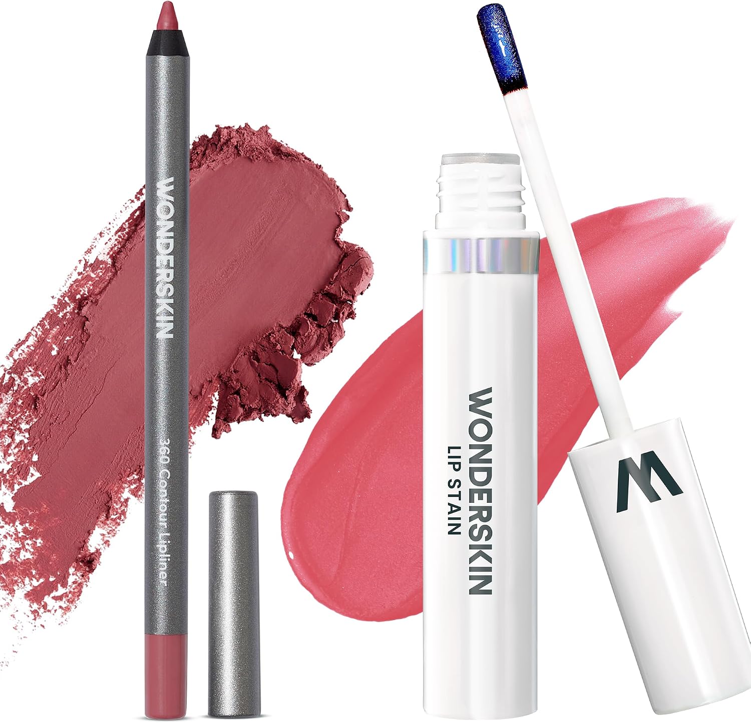 Wonderskin Wonderblading Lip Stain Masque and Contour Lip Liner front view for long lasting lip makeup.