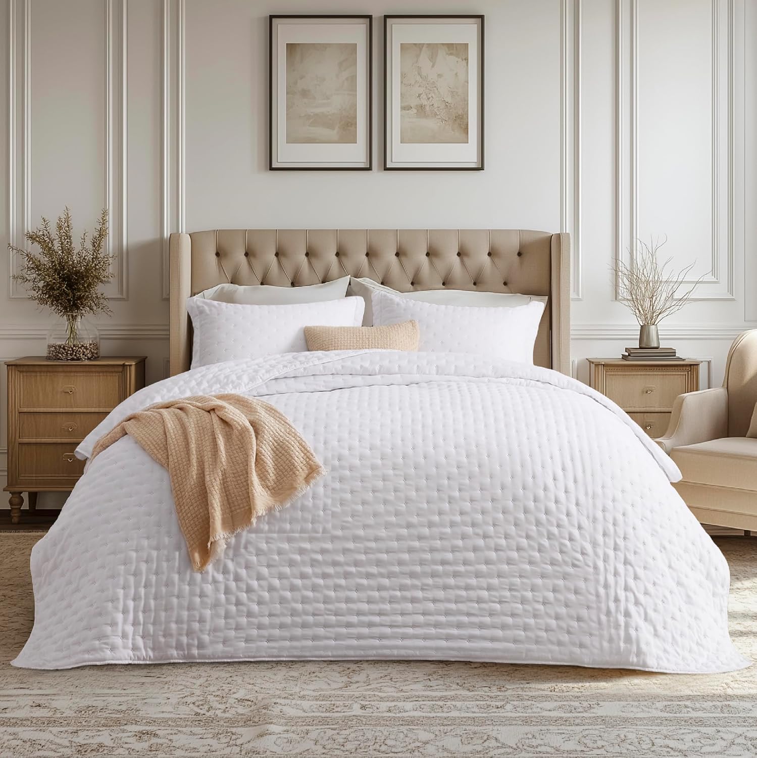Bedsure queen quilt bedding set in bright white front view