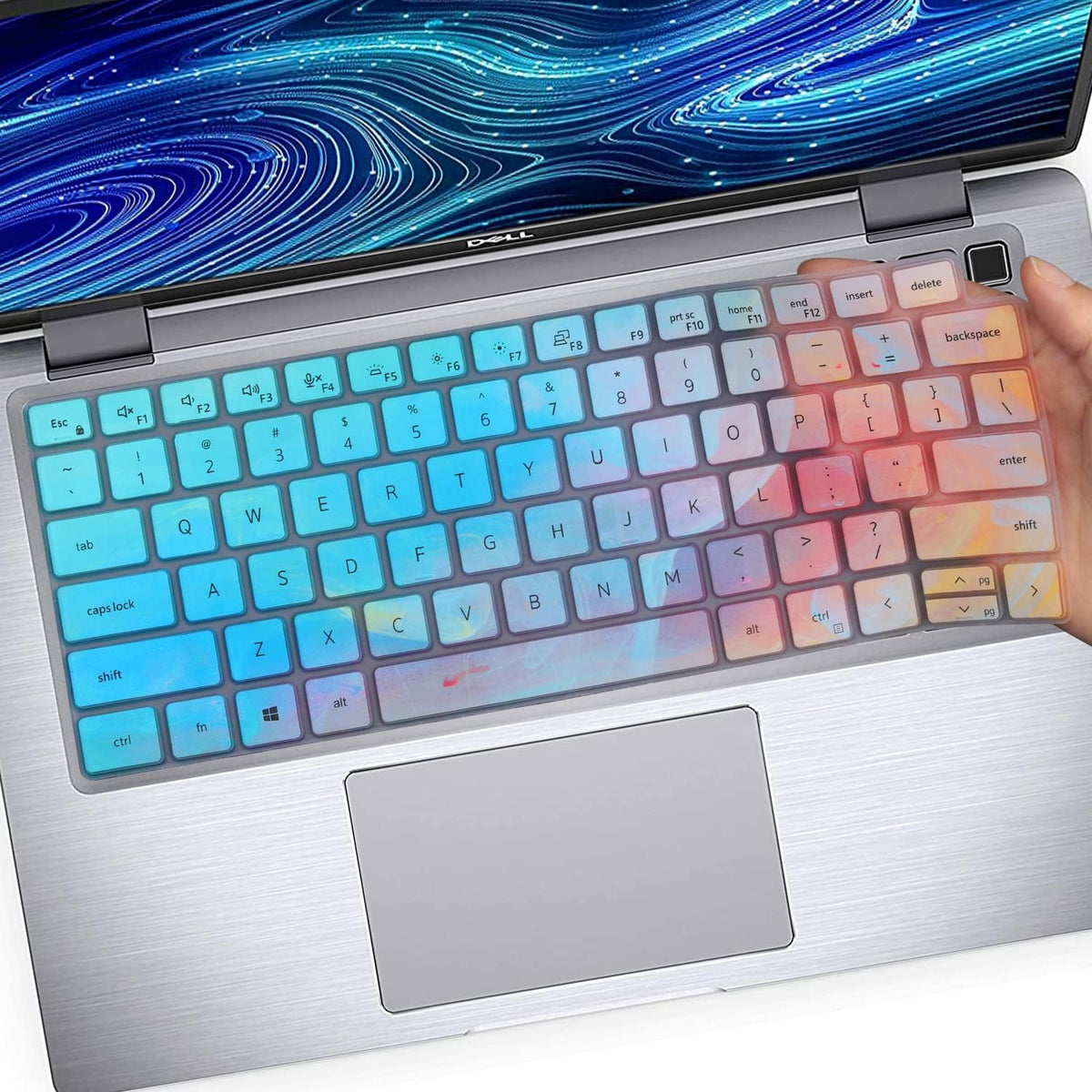 Angle view of laptop equipped with black keyboard protector skin