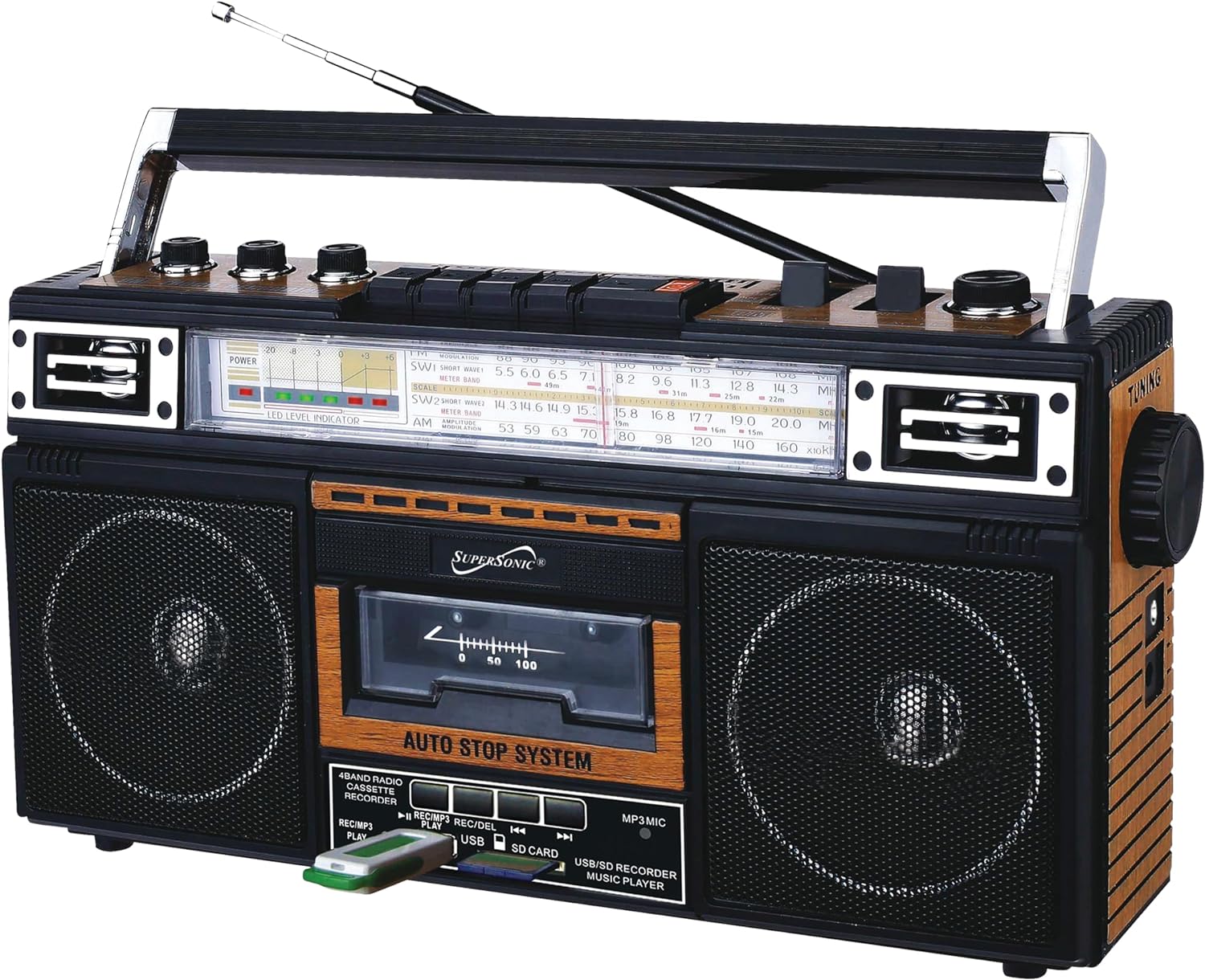 Supersonic SC-3201BT retro boombox front view showing wood grain finish.