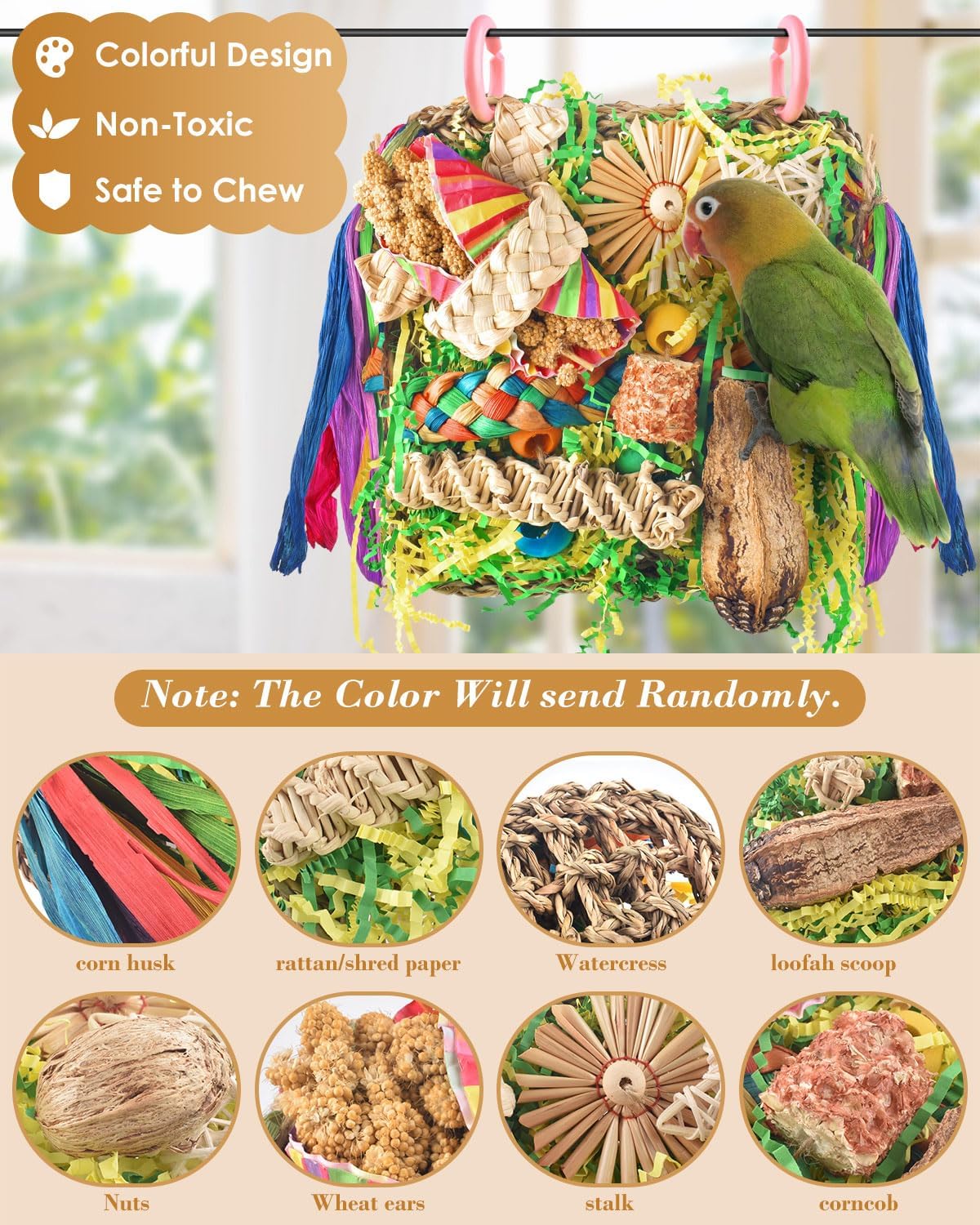 ERKOON cockatiel toy showing non-toxic wood blocks and cotton rope details.