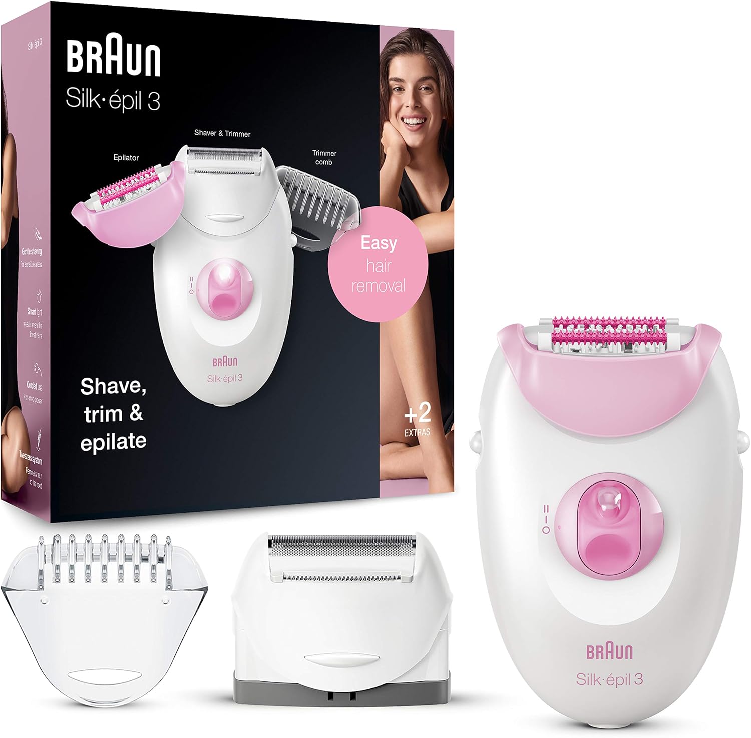 Braun Silk-epil 3-270 epilator front view showing pink and white design.